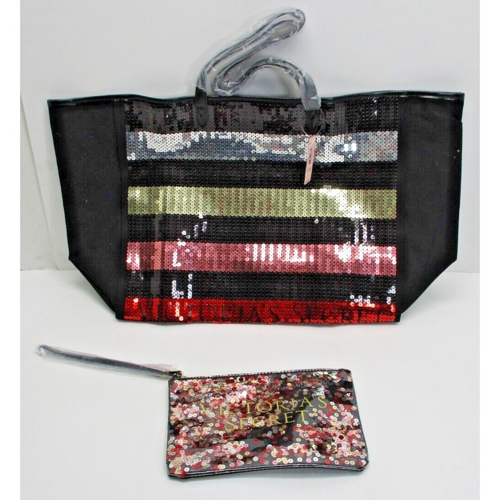 Victoria's Secret Sequin tote & clutch make-up bag wristlet set